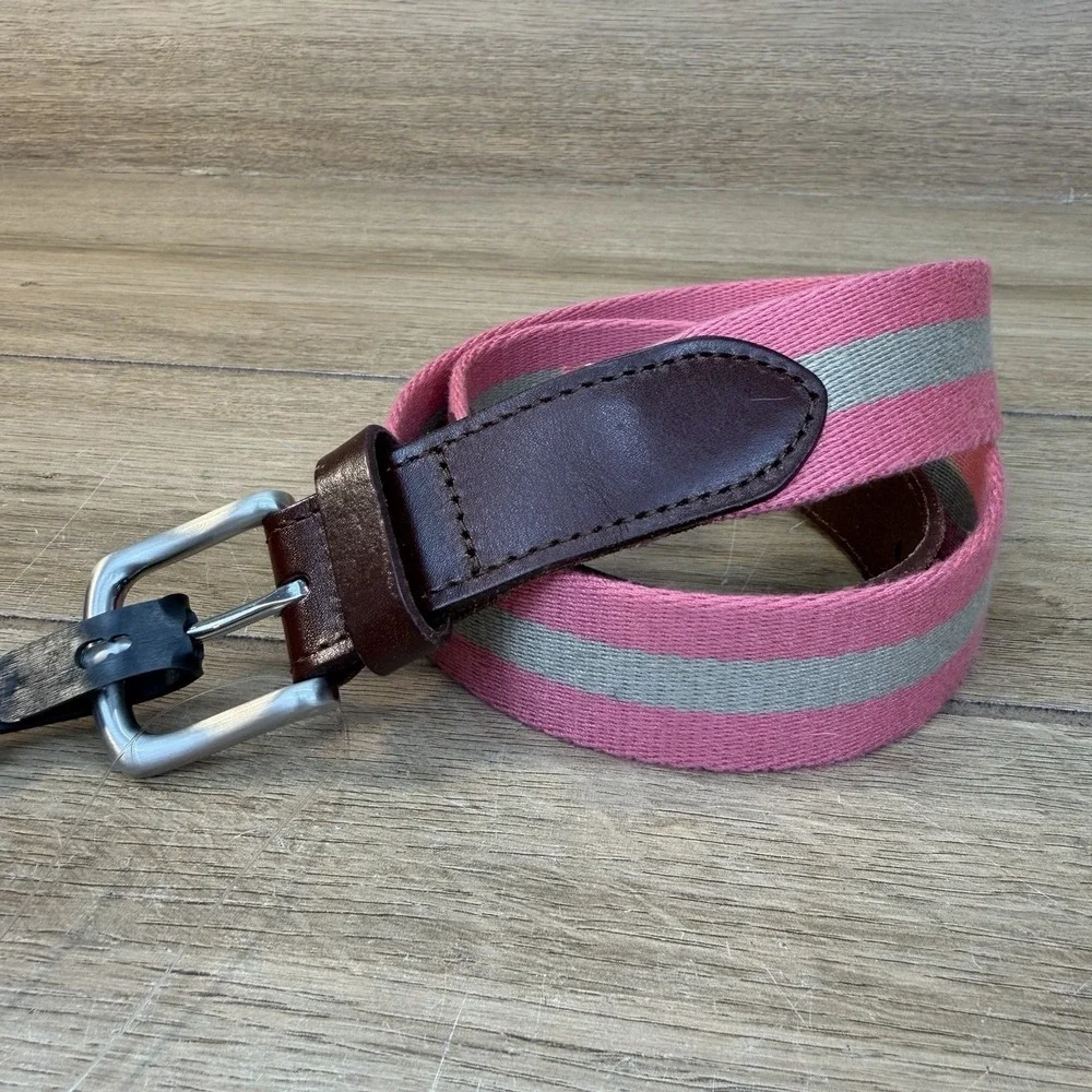 Vineyard Vines Canvas Leather Belt Mens 34 Pink Gray Brown Cowhide Buckle 1.5